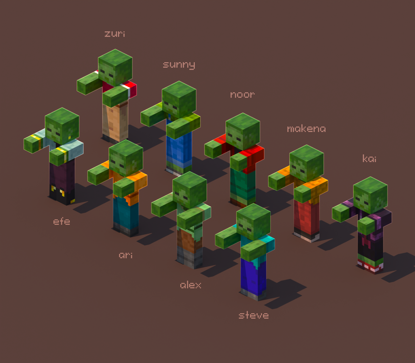 Группа зомби в Minecraft, атакующих игрока ночью