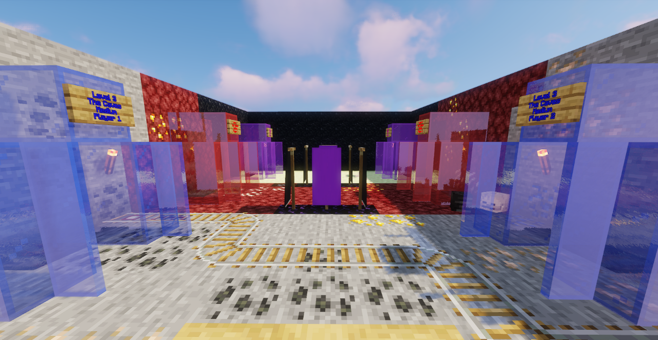 Два игрока в Minecraft успешно завершают паркур-уровень, прыгая по блокам