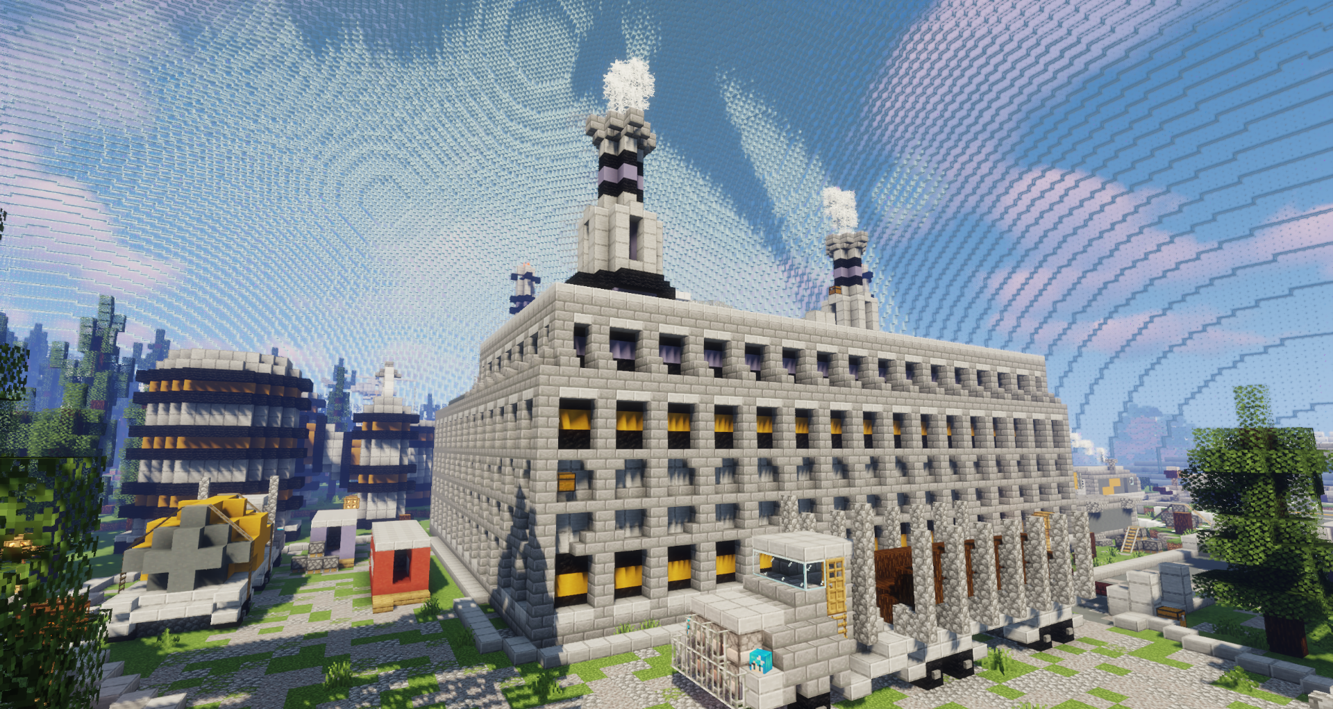 Промышленная зона Alaskan Village с нефтяными вышками и заводами в Minecraft