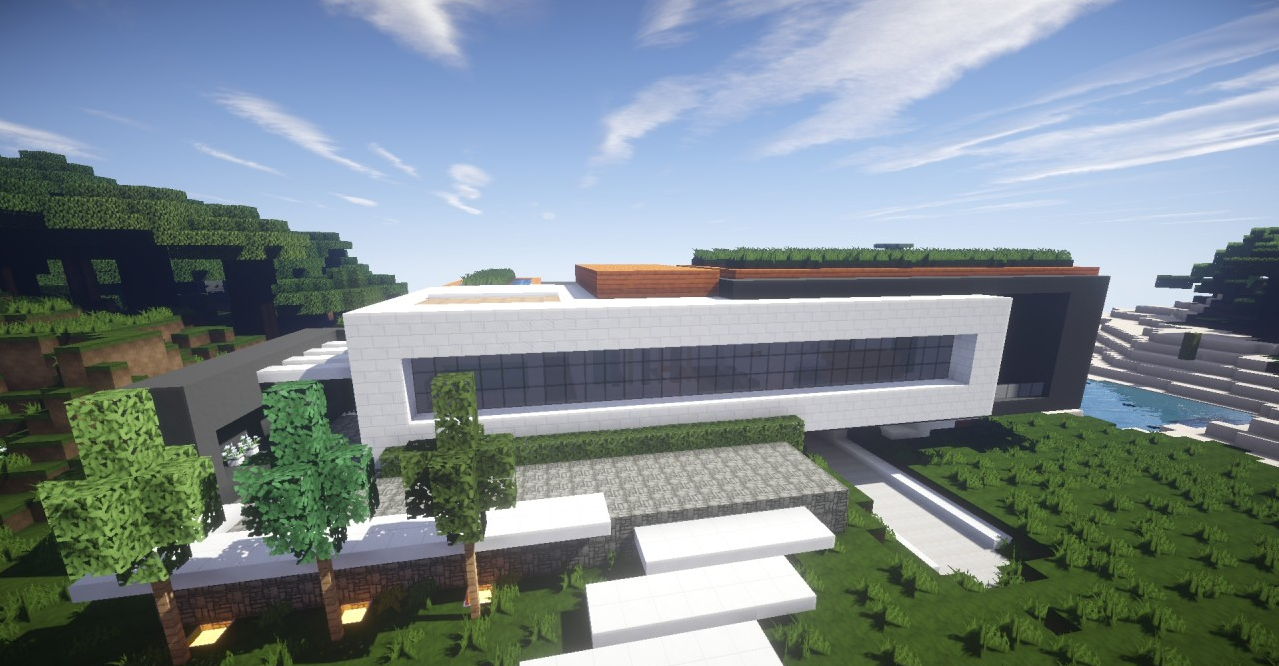 Вид на виллу Allure в Minecraft с бассейном и садом