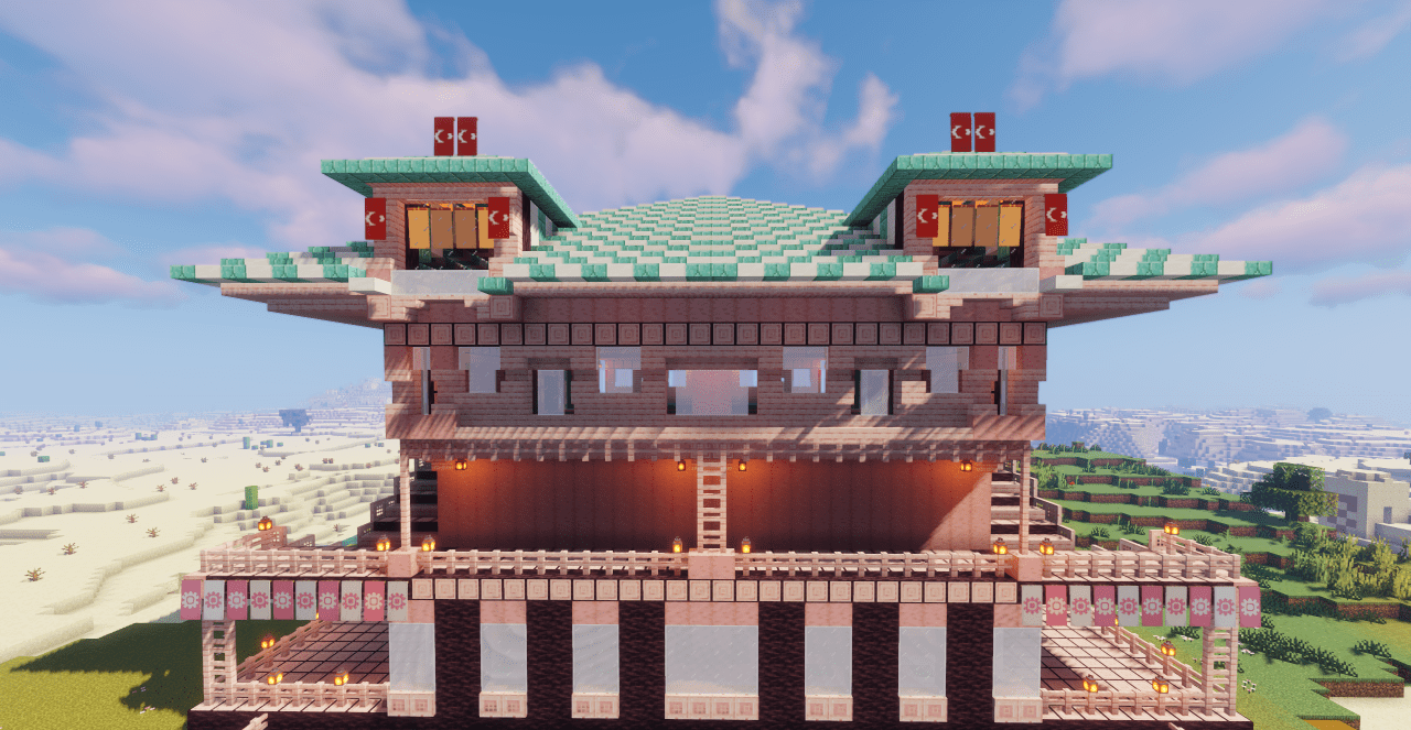 Вид на Beach House в Minecraft снаружи, показывающий архитектуру и ландшафт