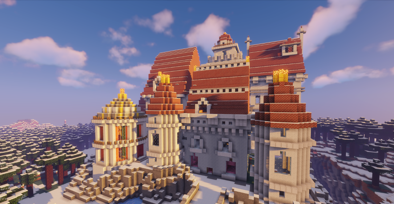 Вид на замок Красавицы и Чудовища в Minecraft снаружи, окруженный садом