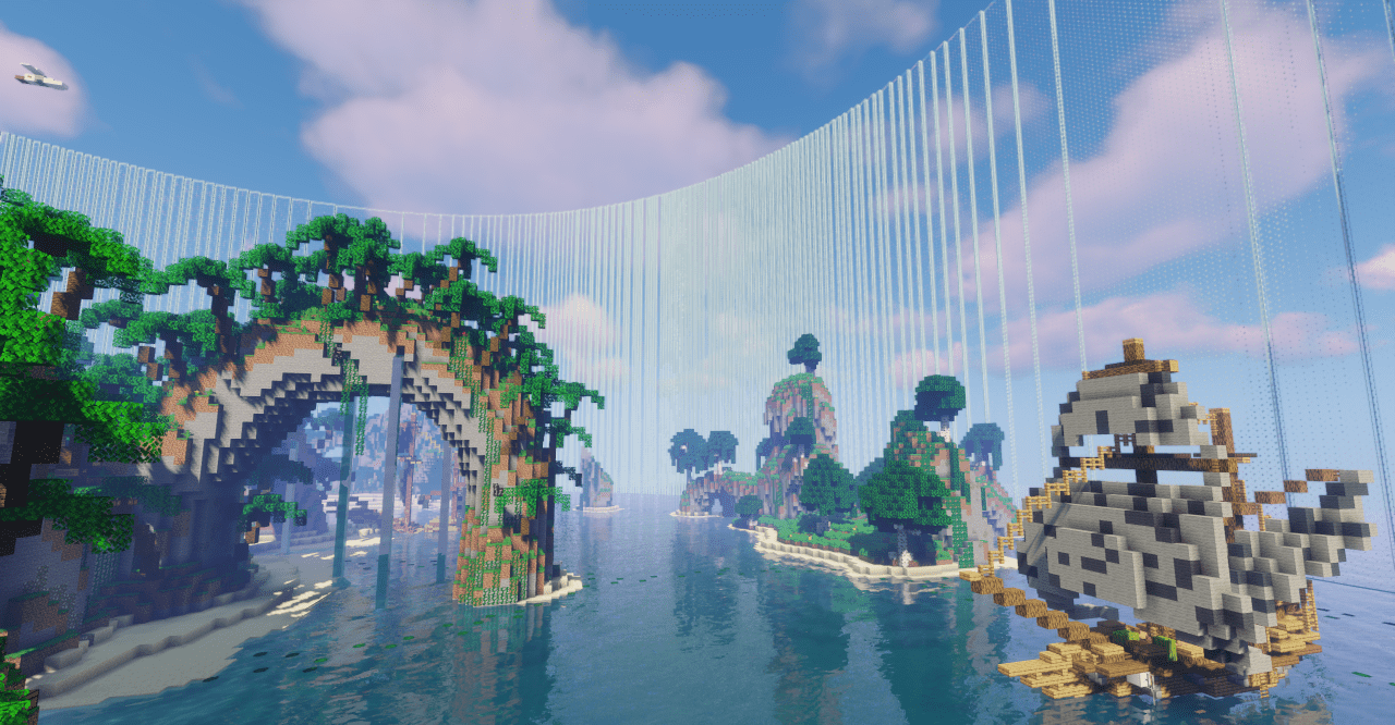 Ночной пейзаж на карте Breeze Island 2 с подсвеченными строениями