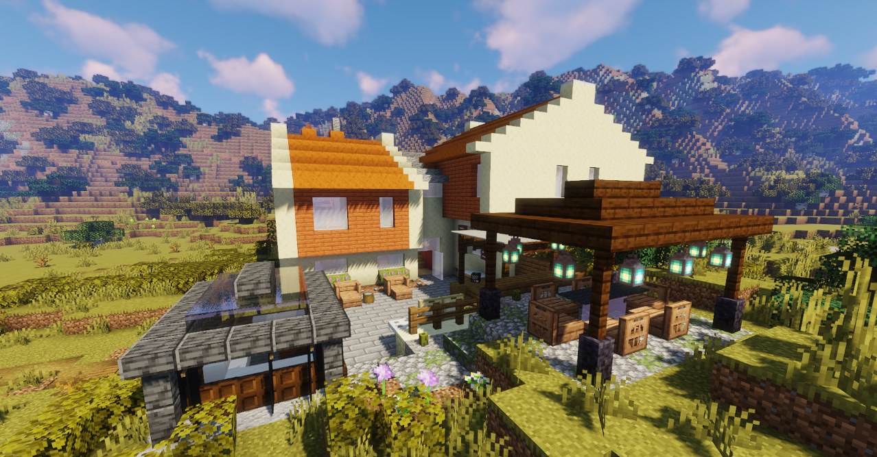 Интерьер пляжного домика в Minecraft с деревянной мебелью и большими окнами