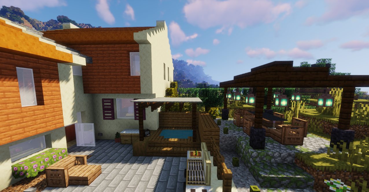 Вид на пляж из окна домика в Minecraft с закатом и волнами