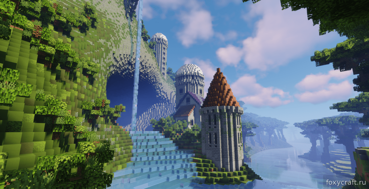 Внутренний двор замка в Minecraft с каменными стенами и фонарями
