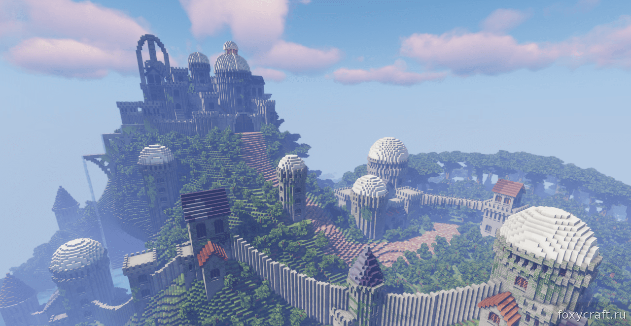 Обзорная площадка замка в Minecraft с видом на горы и леса