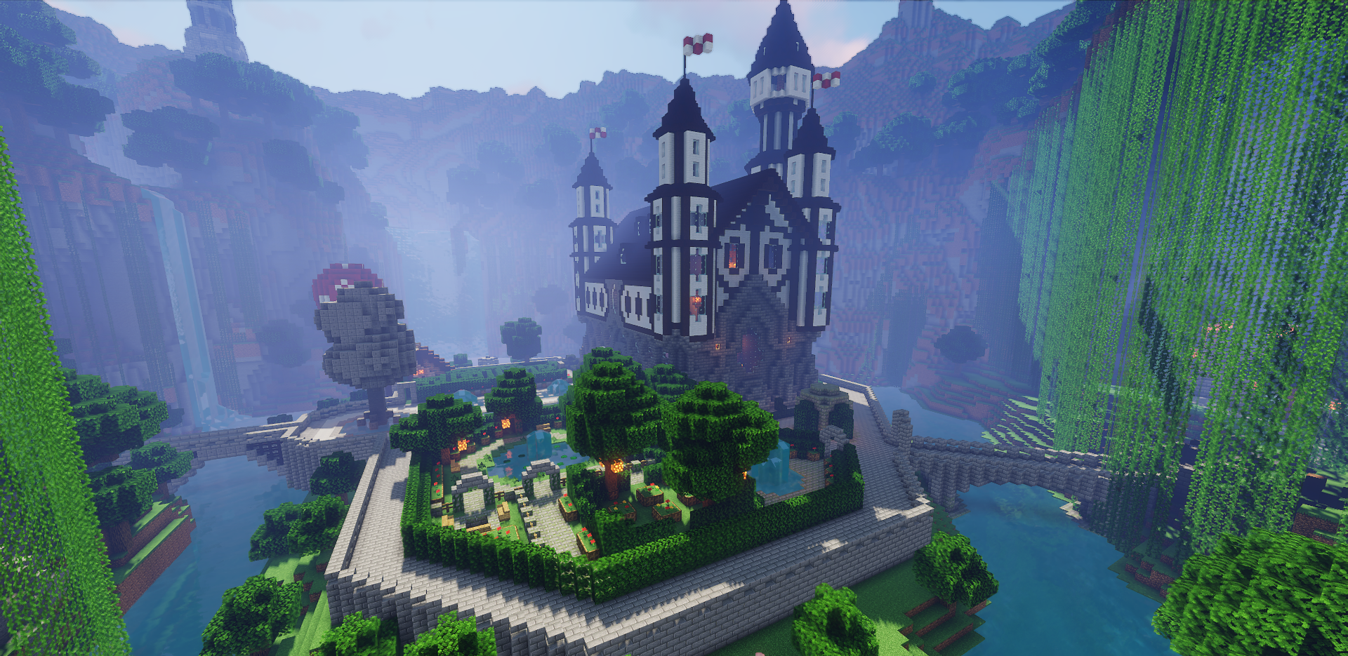 Интерьер замка Verilian в Minecraft с каменными арками и витражами