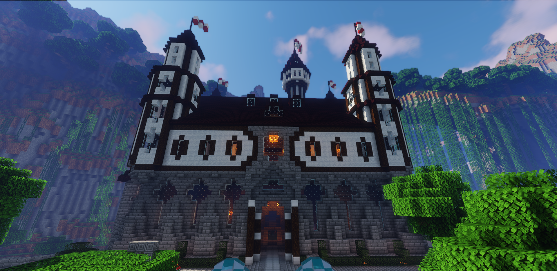 Вид на замок Verilian с моста через реку в Minecraft