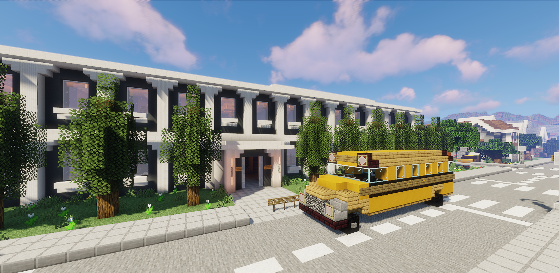 Вид на пляж и магазины в Cedar Cove - курортная атмосфера Minecraft
