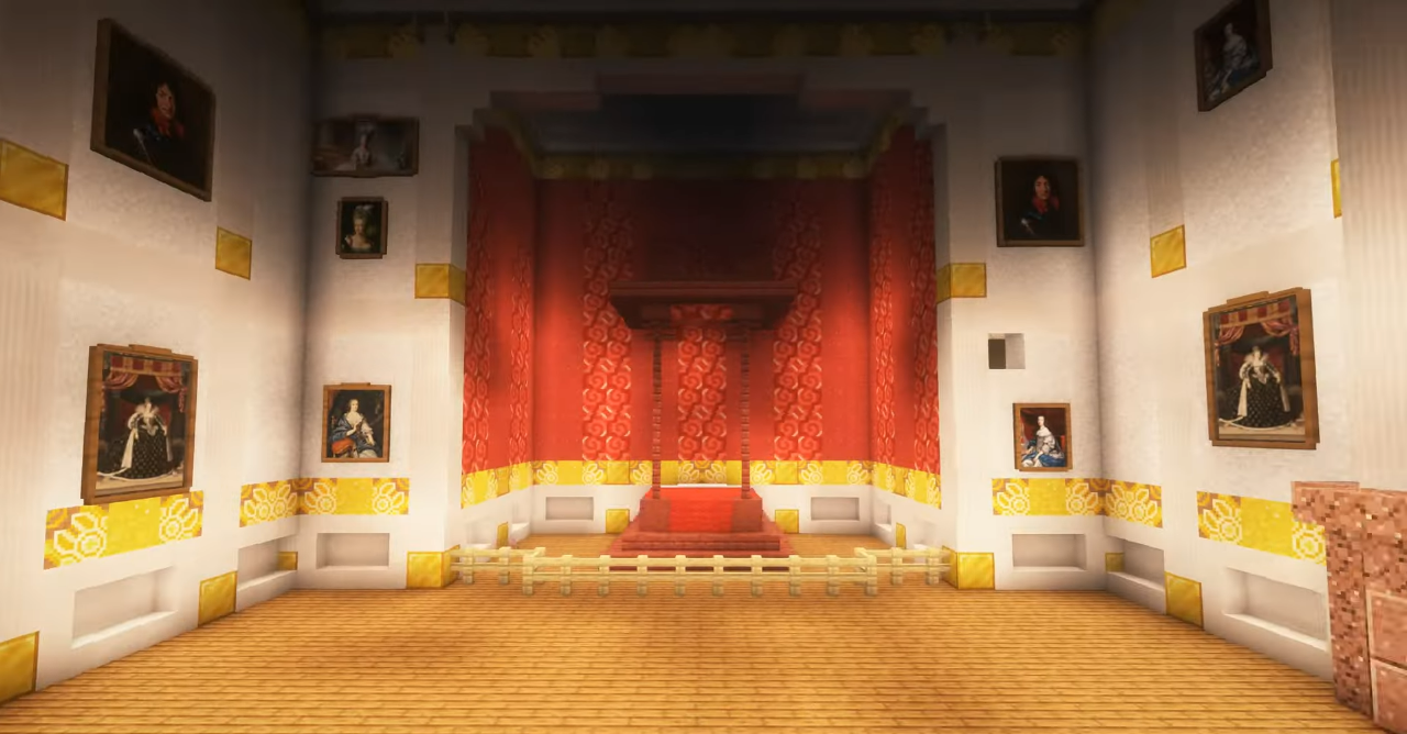 Вид на замок Шамбор в Minecraft снаружи, окружённый водой и садами
