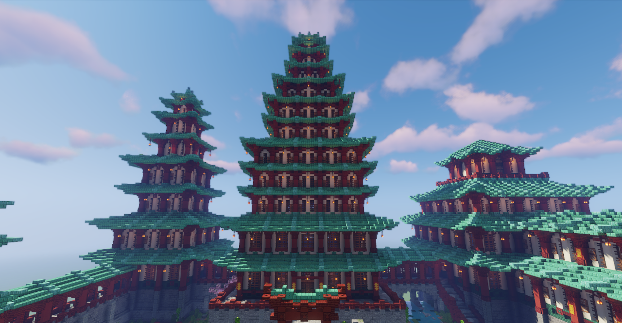 Внутренний двор Chi Ling Castle с красивыми садами и мостами в Minecraft