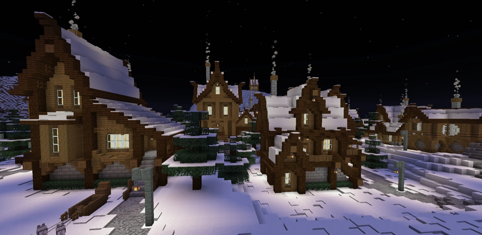 Зимний пейзаж в Minecraft с заснеженными деревьями и домиками