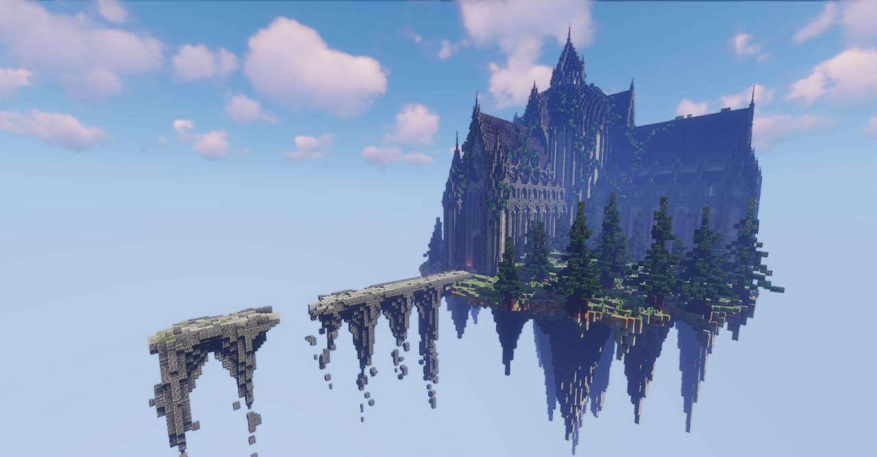Интерьер готического особняка в Minecraft с витражами и каменными арками