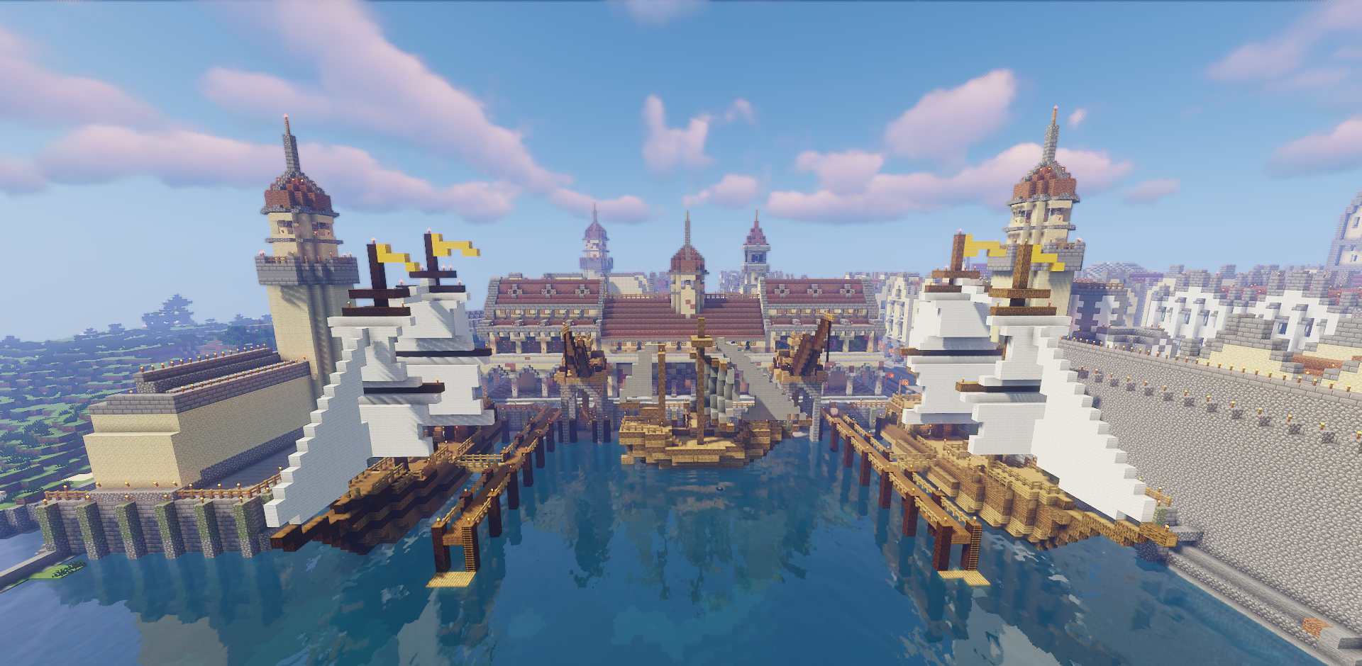 Скриншот улицы города Schweinnitz в Minecraft с каменными зданиями и фонарями