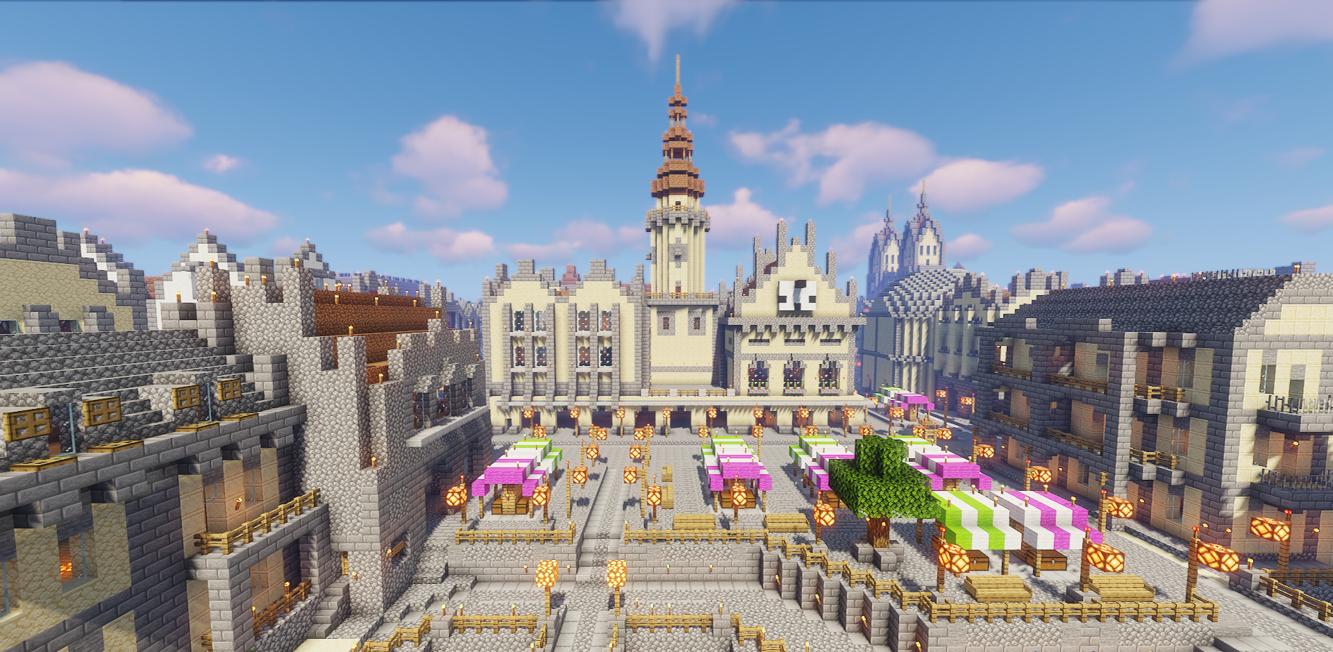 Вид на пристань города Schweinnitz в Minecraft с лодками и водой