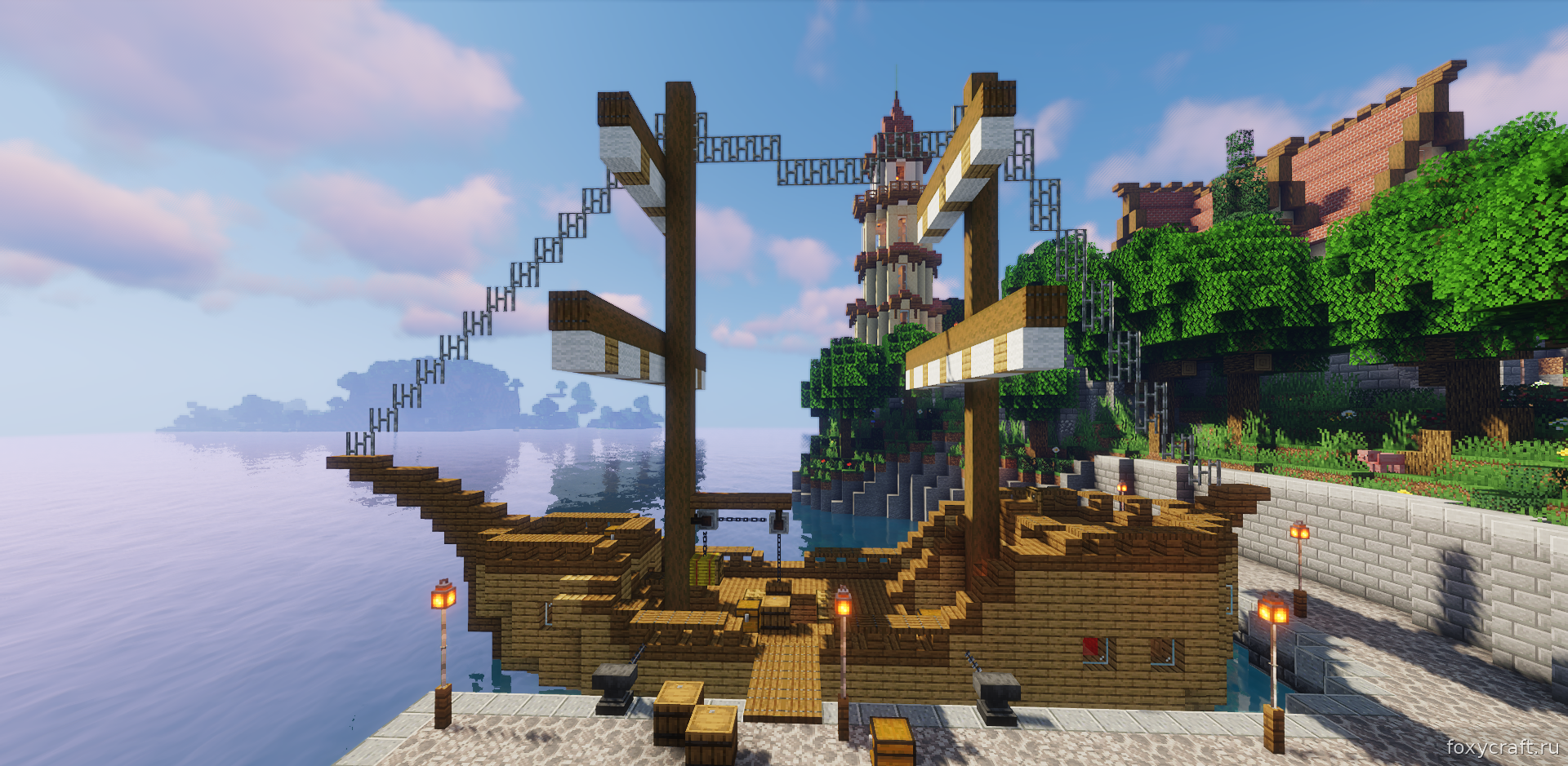 Детализированный интерьер островного дома в Minecraft с кроватью и сундуками