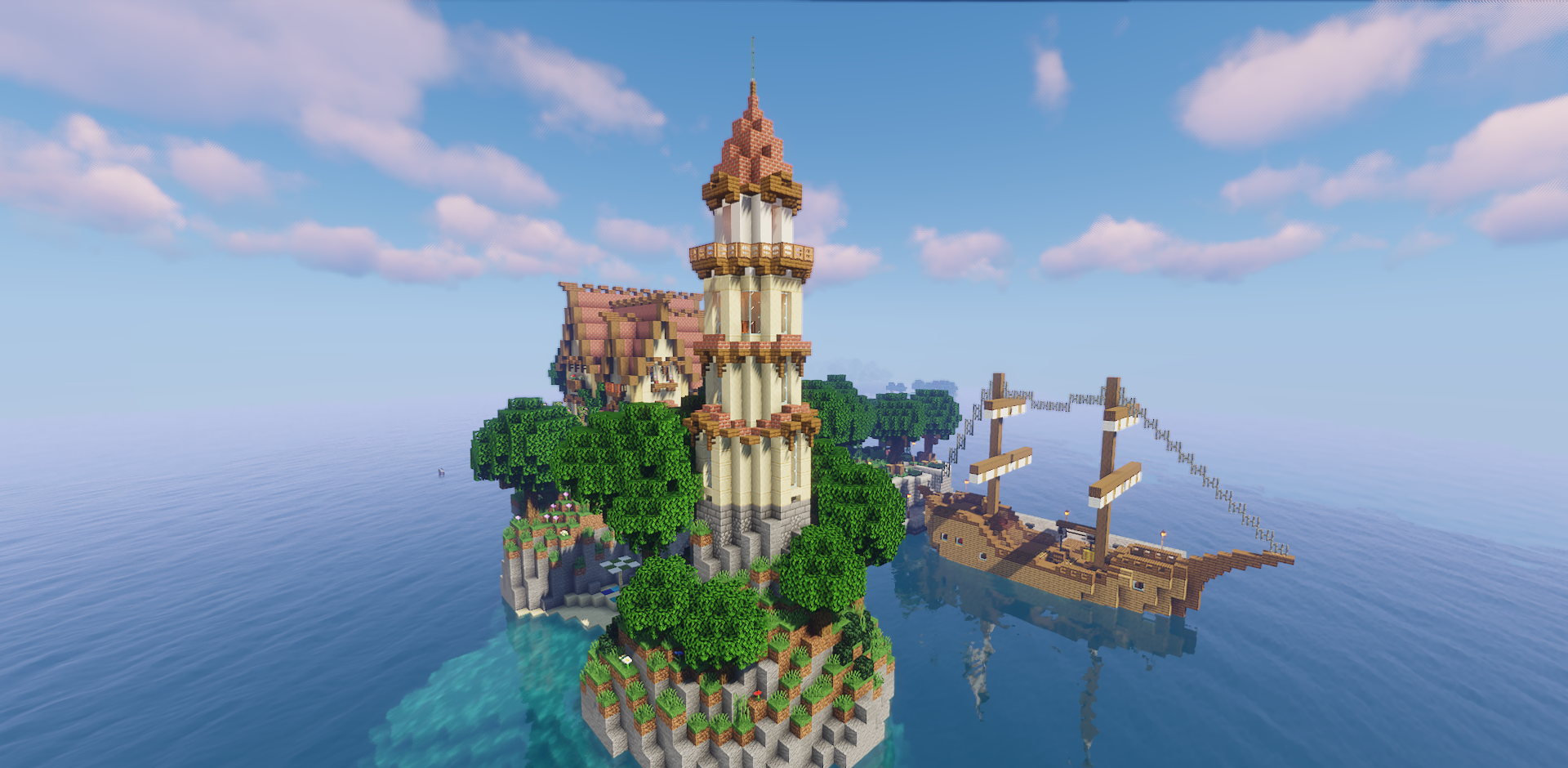 Островной домик в Minecraft с садом и дорожкой из камня
