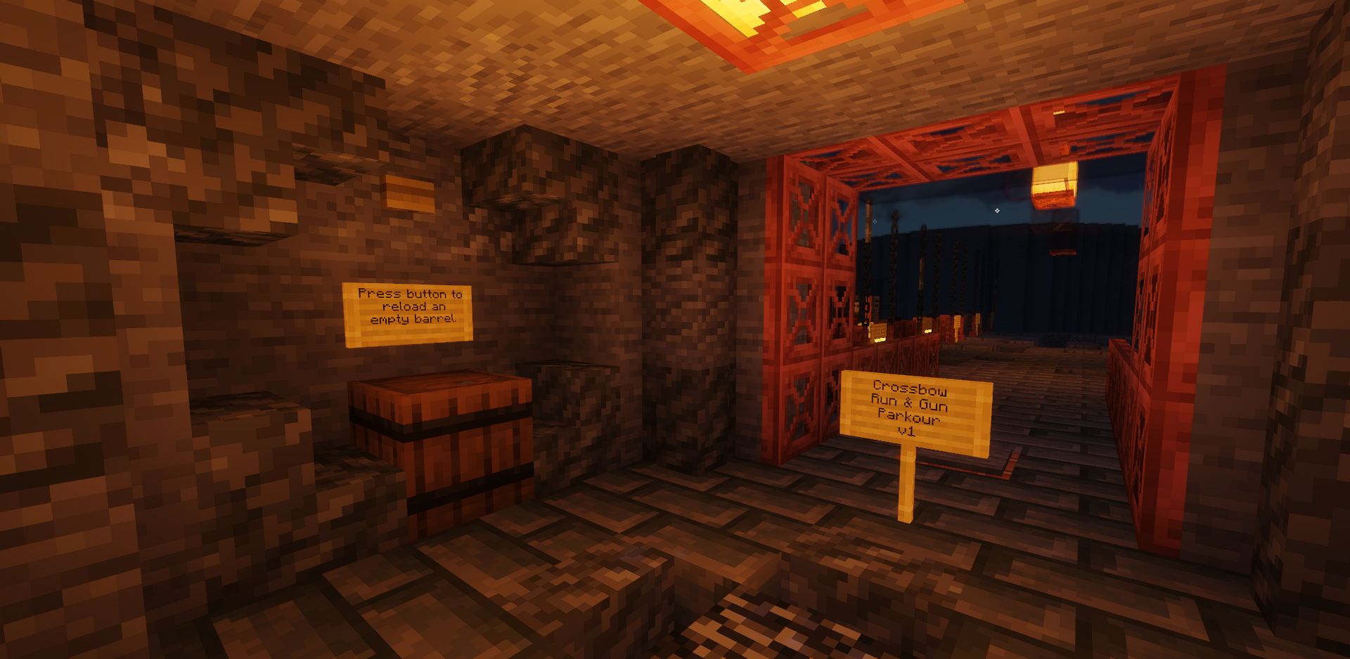 Игрок стреляет из арбалета на паркур-карте в Minecraft
