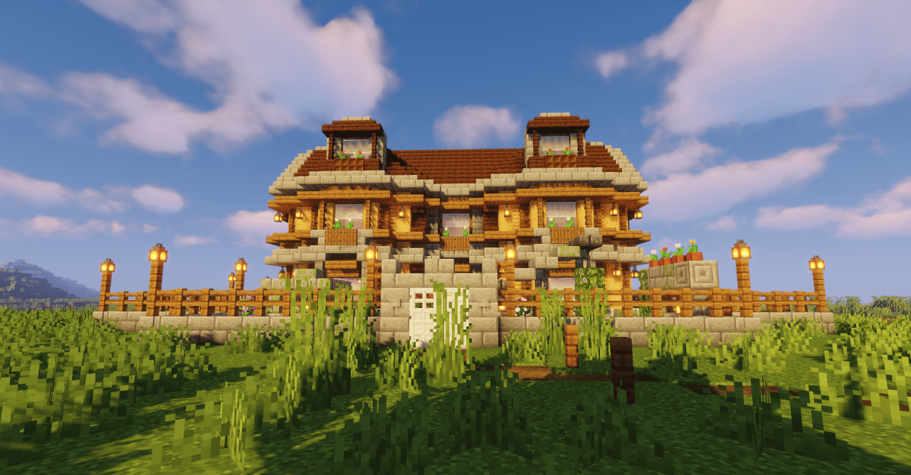 Интерьер гостиной в Minecraft с диванами, книжными полками и камином