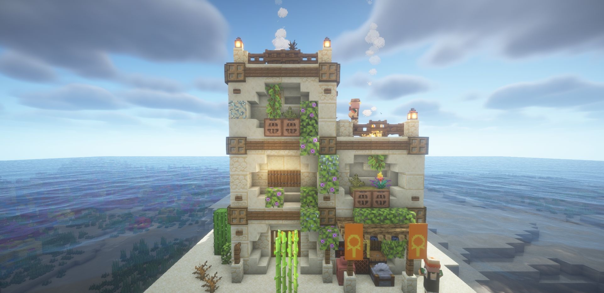 Интерьер каменного дома с сундуками и торговыми стойками в Minecraft