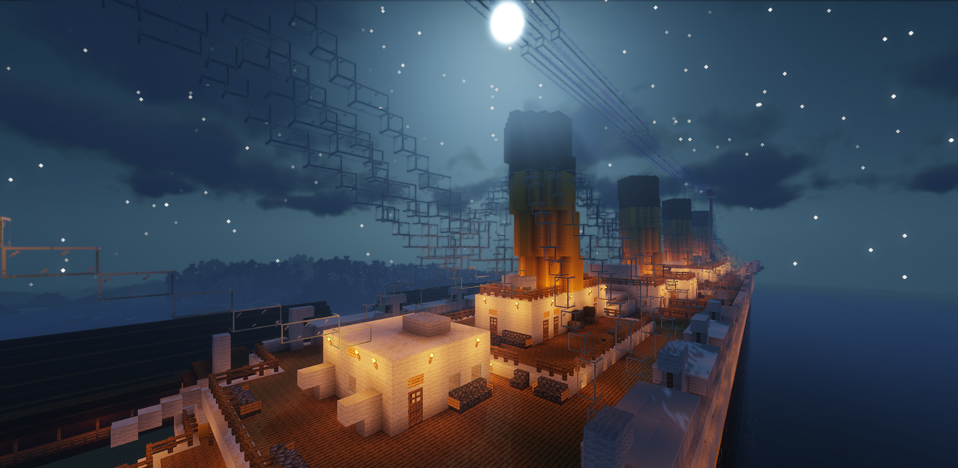Детализированный коридор внутри Титаника в Minecraft с освещением