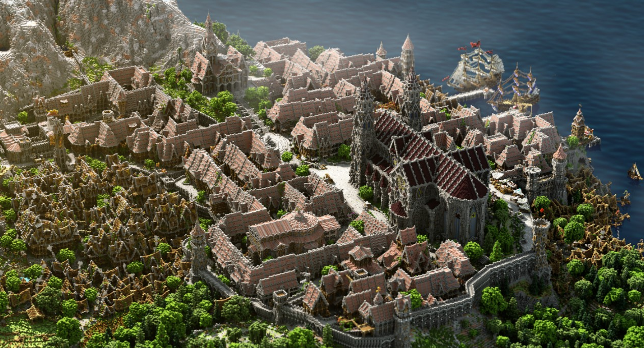 Улицы средневекового города Drachenfels в Minecraft с фонарями и каменными домами