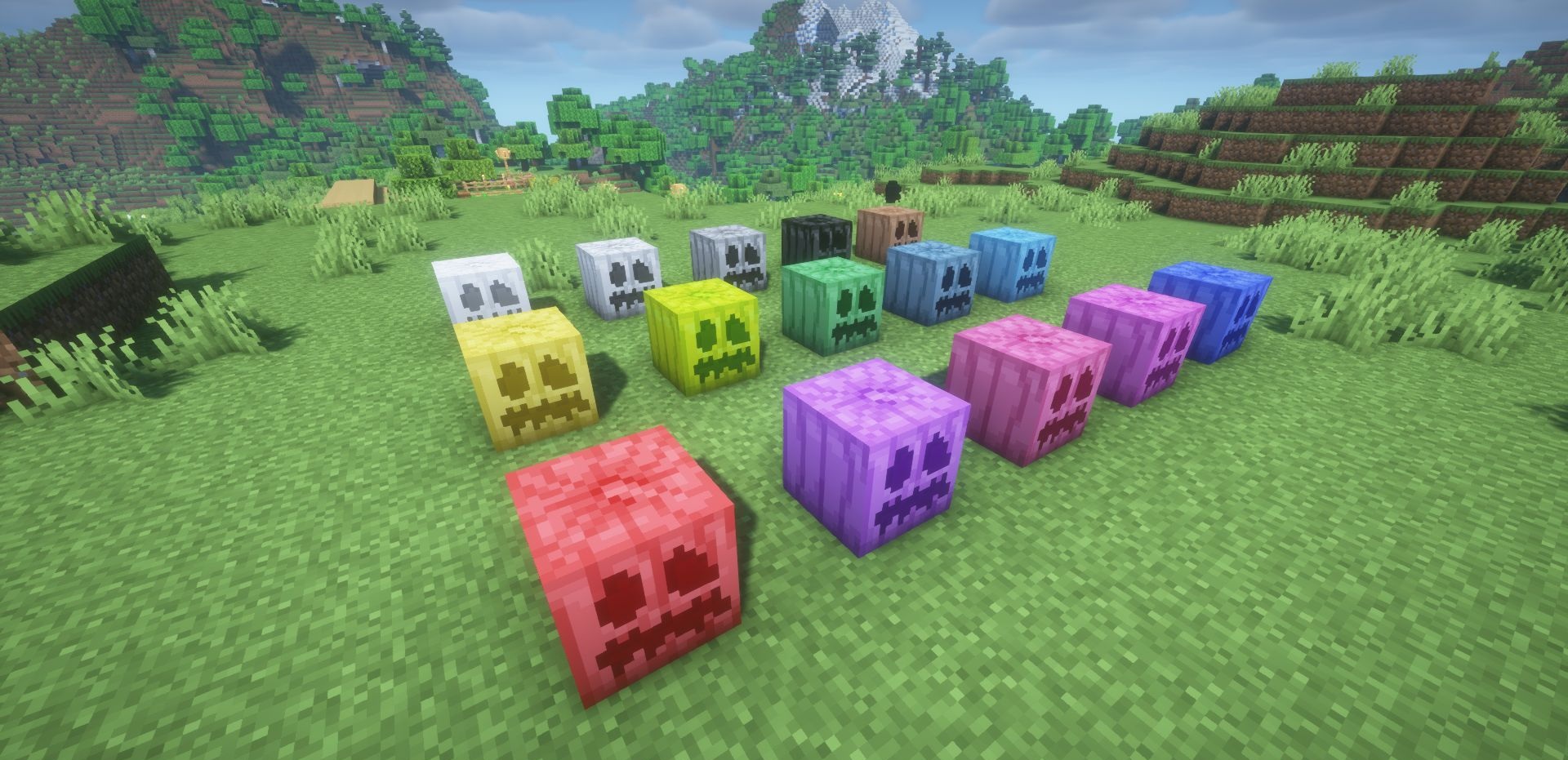 Пример использования разноцветных тыкв для декора в Minecraft
