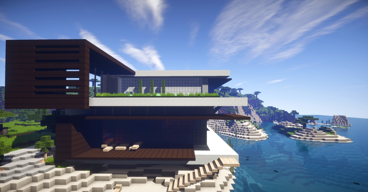 Скриншот экокурорта в Minecraft с уютными домиками и зелеными насаждениями