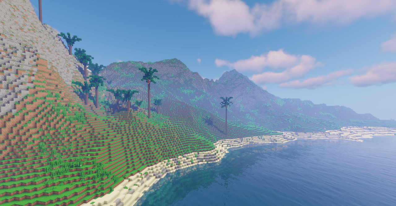 Скриншот Elrinir Island с видом на пляж и пальмы в Minecraft