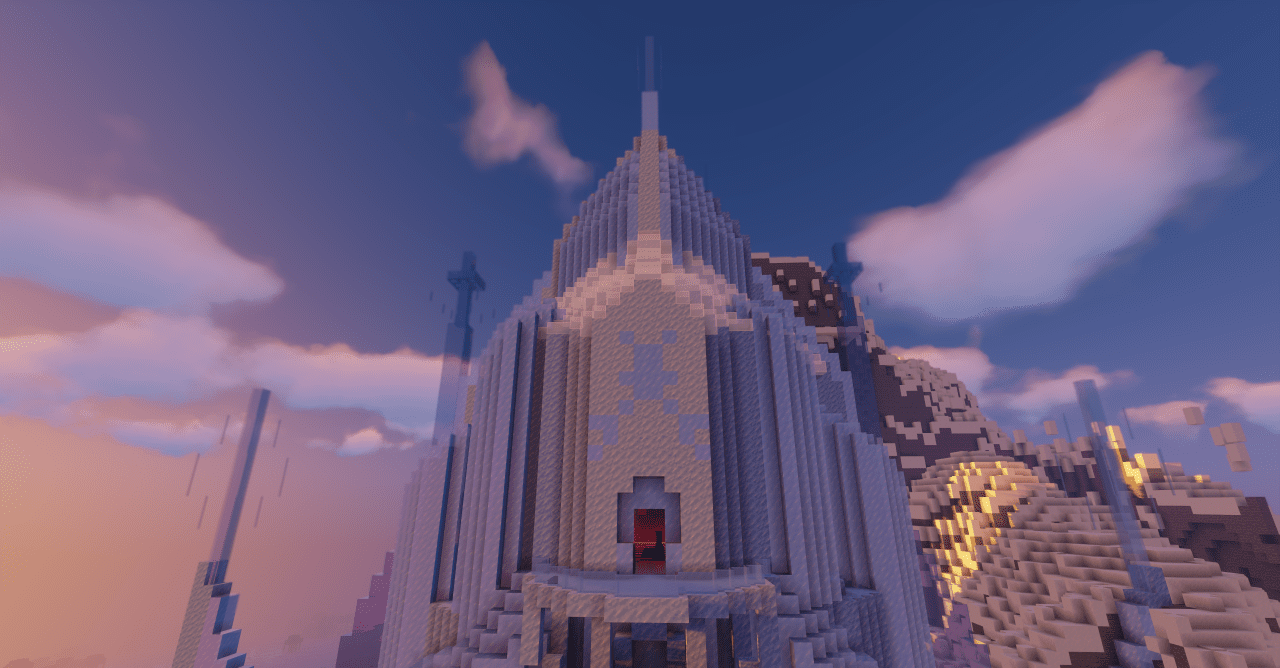 Ночной вид королевства Эренделл в Minecraft с подсвеченными окнами домов