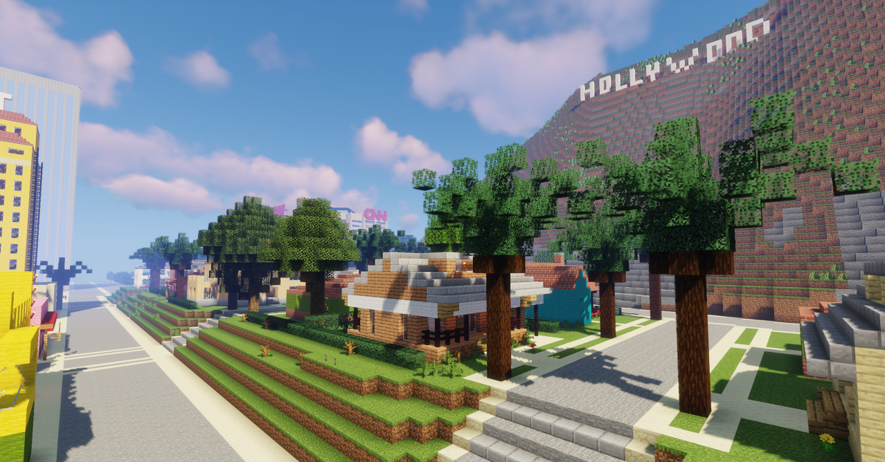 Вид с высоты на город в Minecraft с парками и рекой
