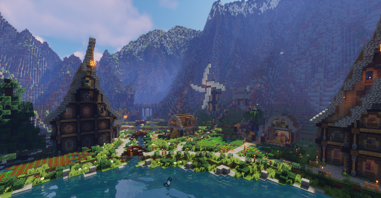 Деревянный мост через ущелье в Minecraft с живописным фоном