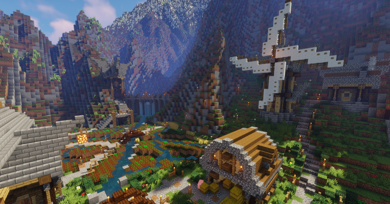 Ночной вид горной деревни в Minecraft с подсветкой домов