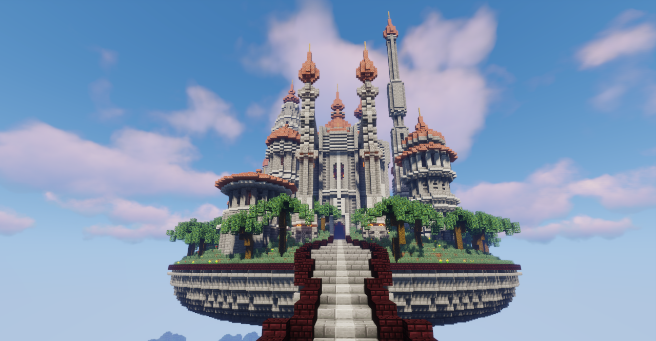 Ночной вид Floating Castle of Ardad с подсвеченными окнами и мостами