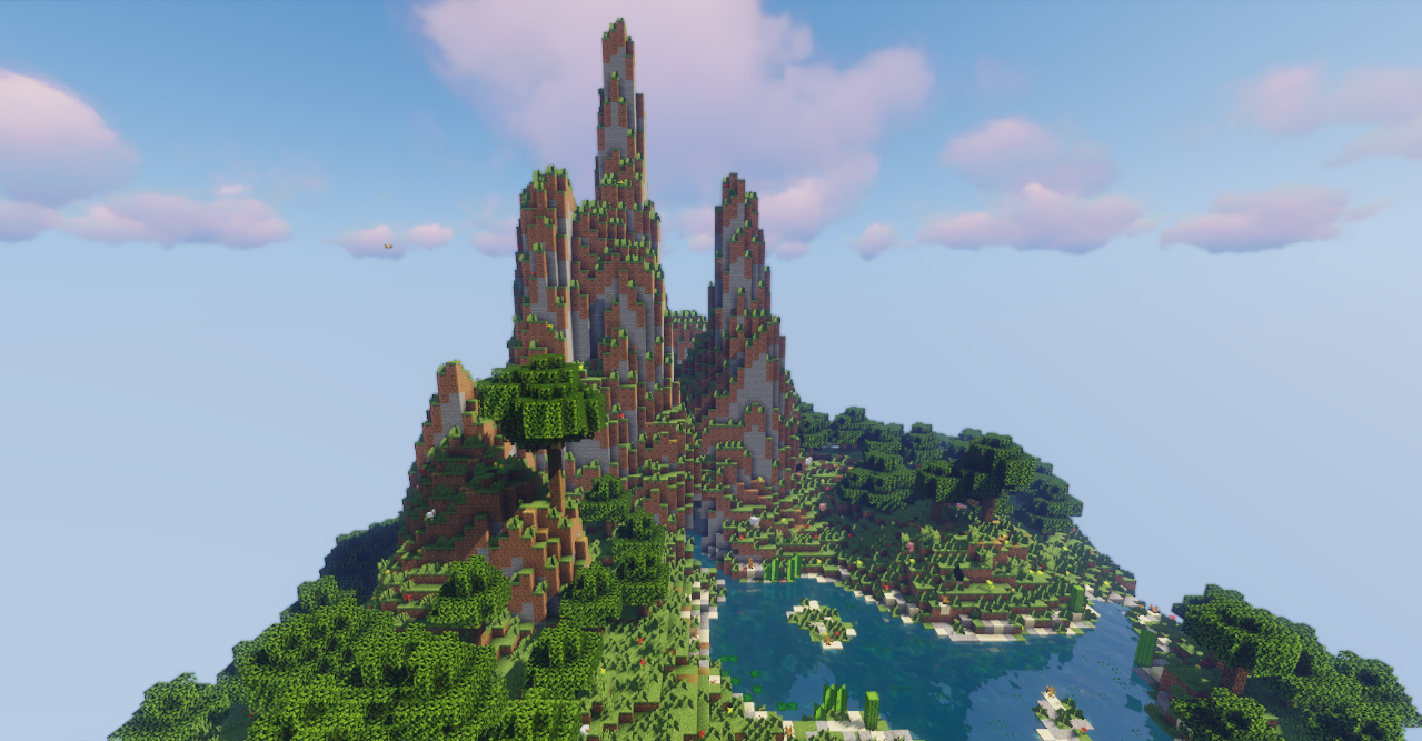 Вид с высоты на летающий остров в Minecraft с зелеными лугами и деревьями