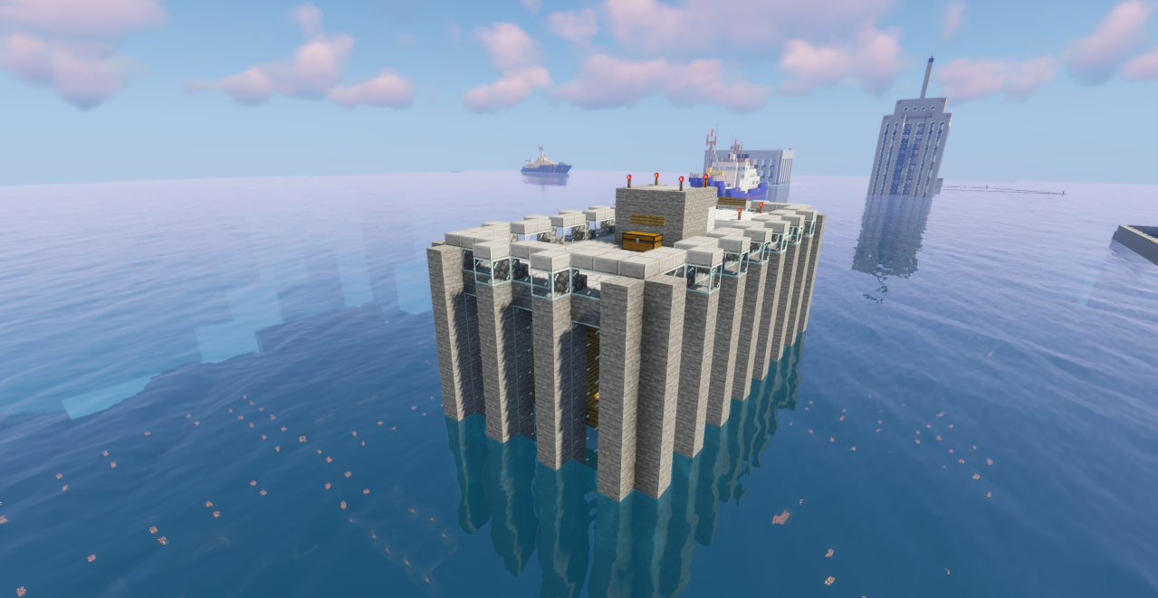 Игрок в лодке исследует затопленный город в Minecraft