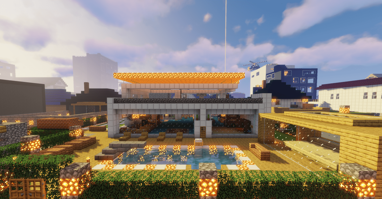 Улицы Fortress City в Minecraft с жилыми домами и дорогами