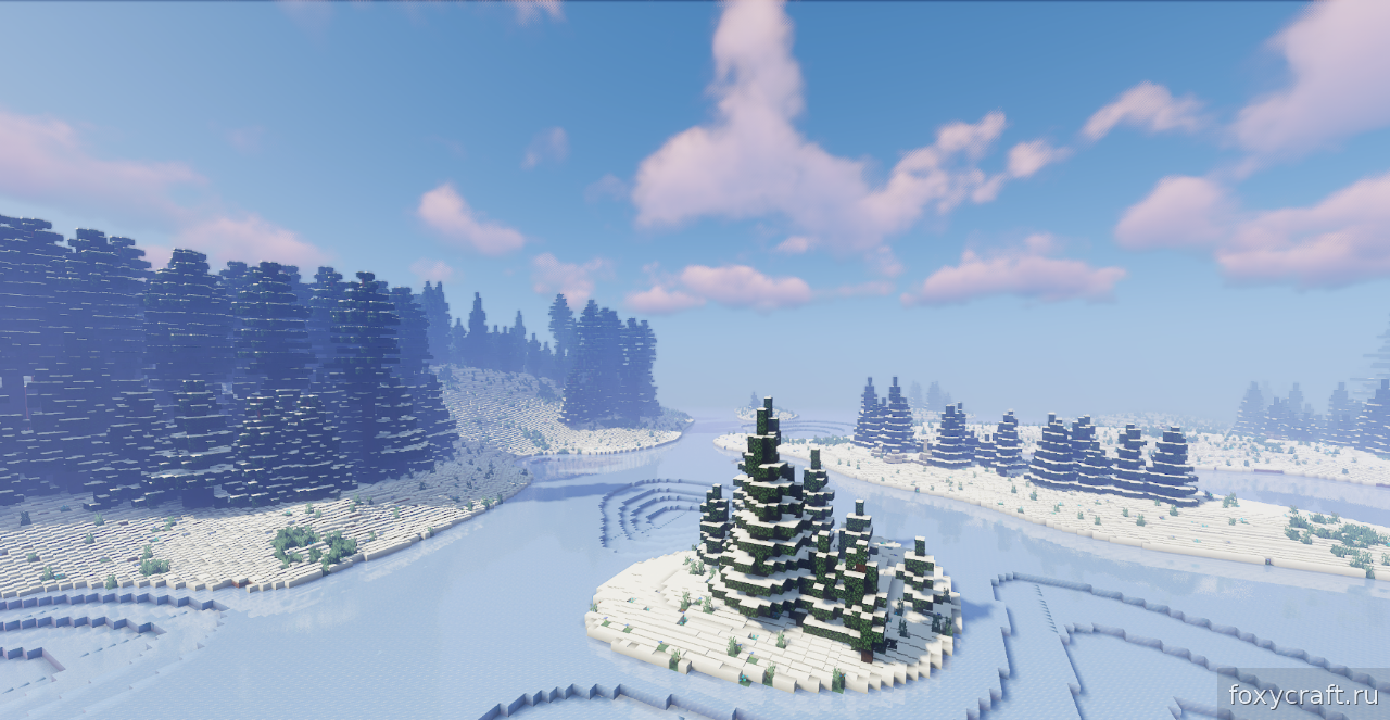 Закат над замерзшим озером в Minecraft с отражением в льду