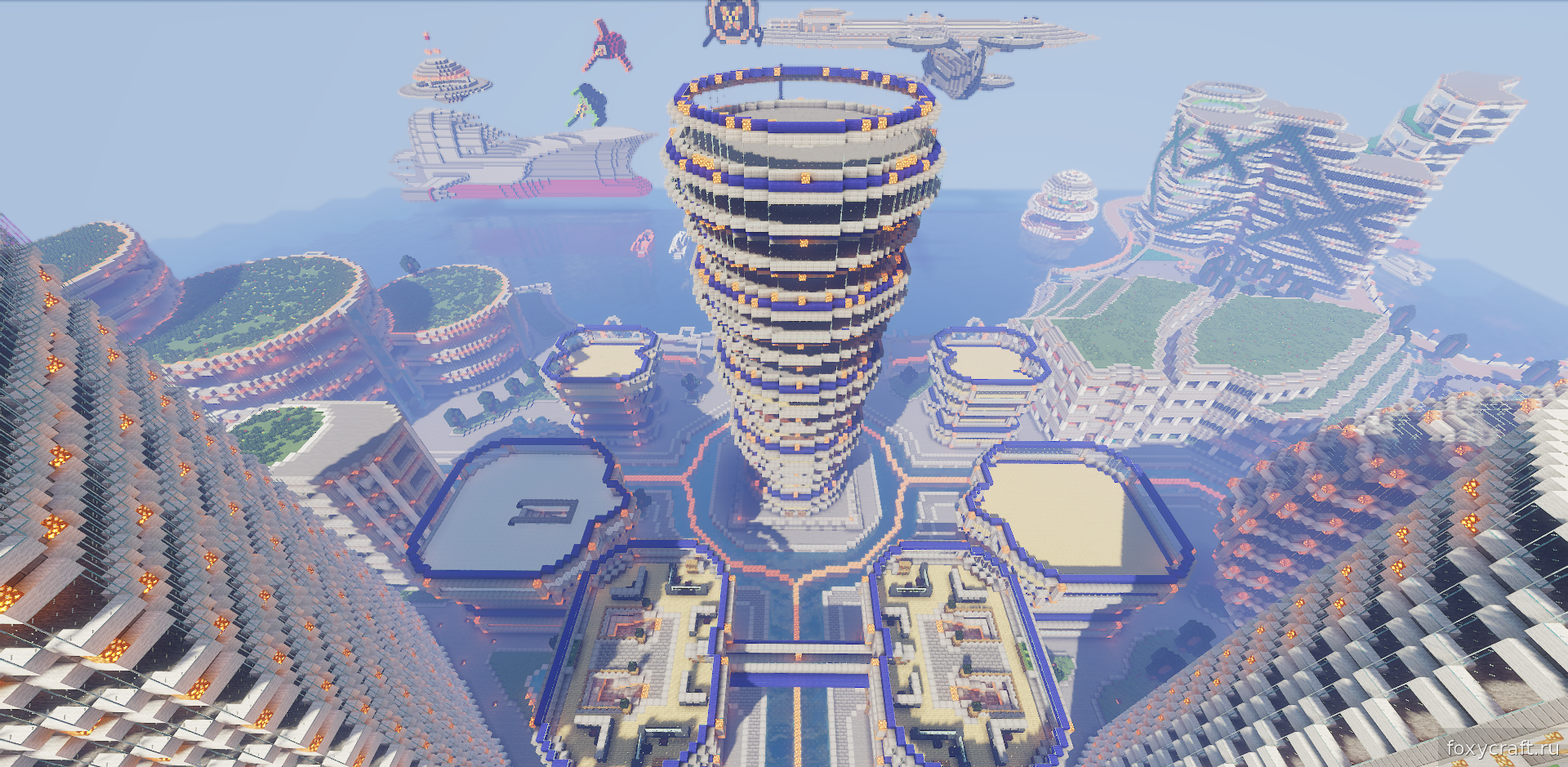 Футуристический город в Minecraft с неоновыми огнями и стеклянными зданиями