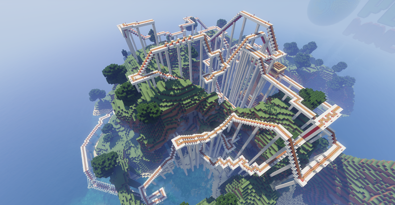 Скриншот американских горок Garwhal Rollercoaster в Minecraft с видом на трассу и пейзаж