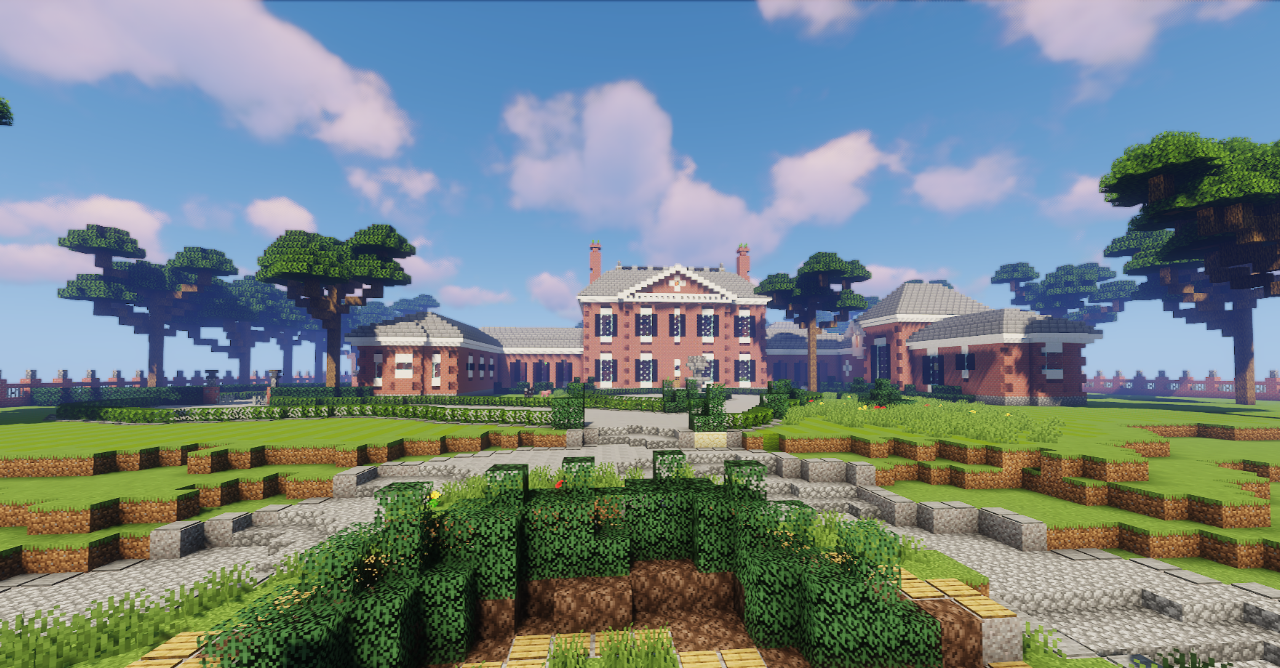 Фасад Georgian Brick Mansion в Minecraft с колоннами, кирпичными стенами и парковкой
