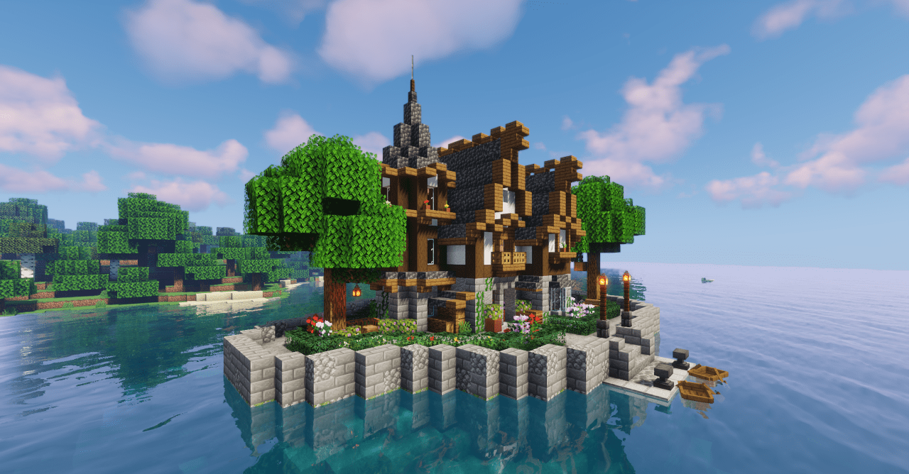 Внутренний двор готического замка в Minecraft с фонтаном