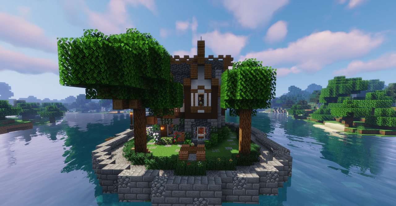 Ночной вид готического дома в Minecraft с подсветкой