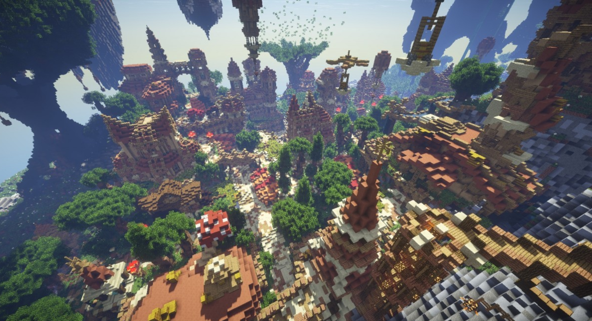Детализированный фэнтезийный город с мостами и башнями в Minecraft