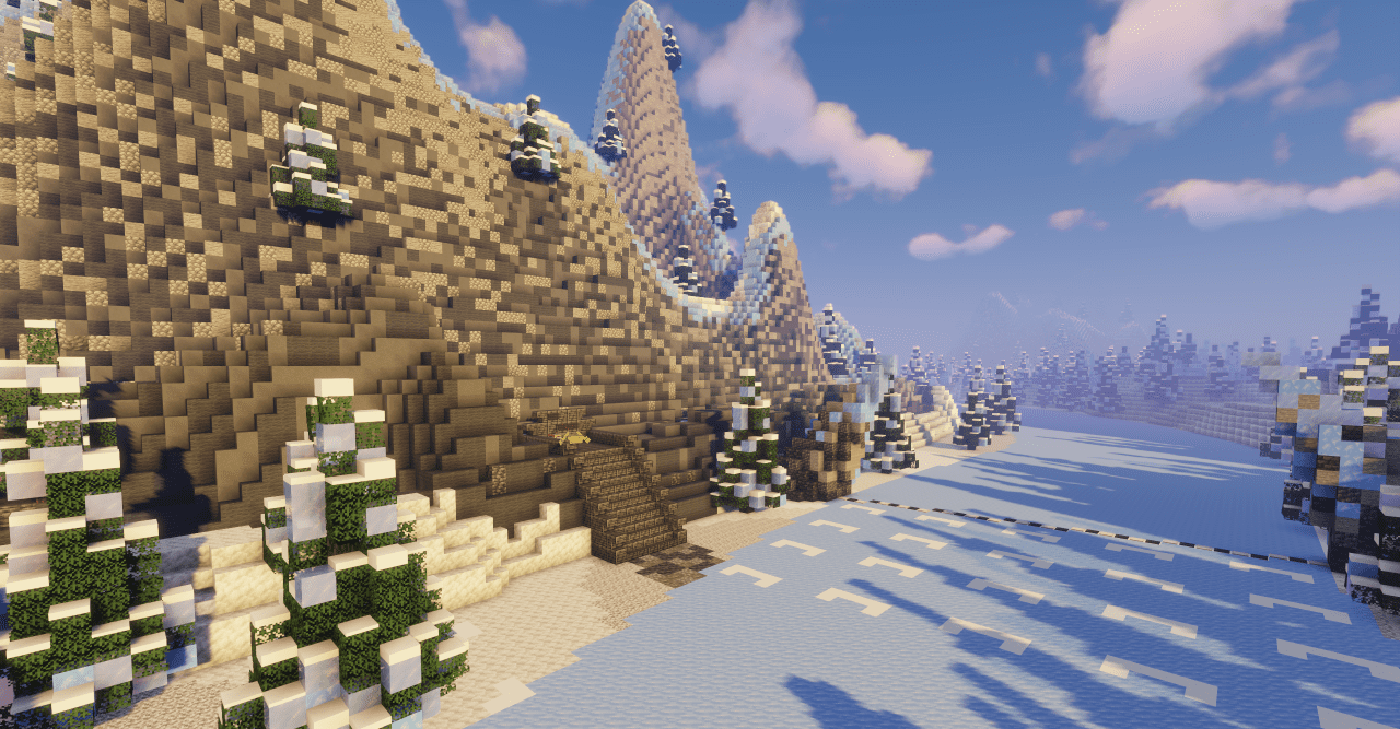 Группа игроков в Minecraft, катающихся на санях по снегу