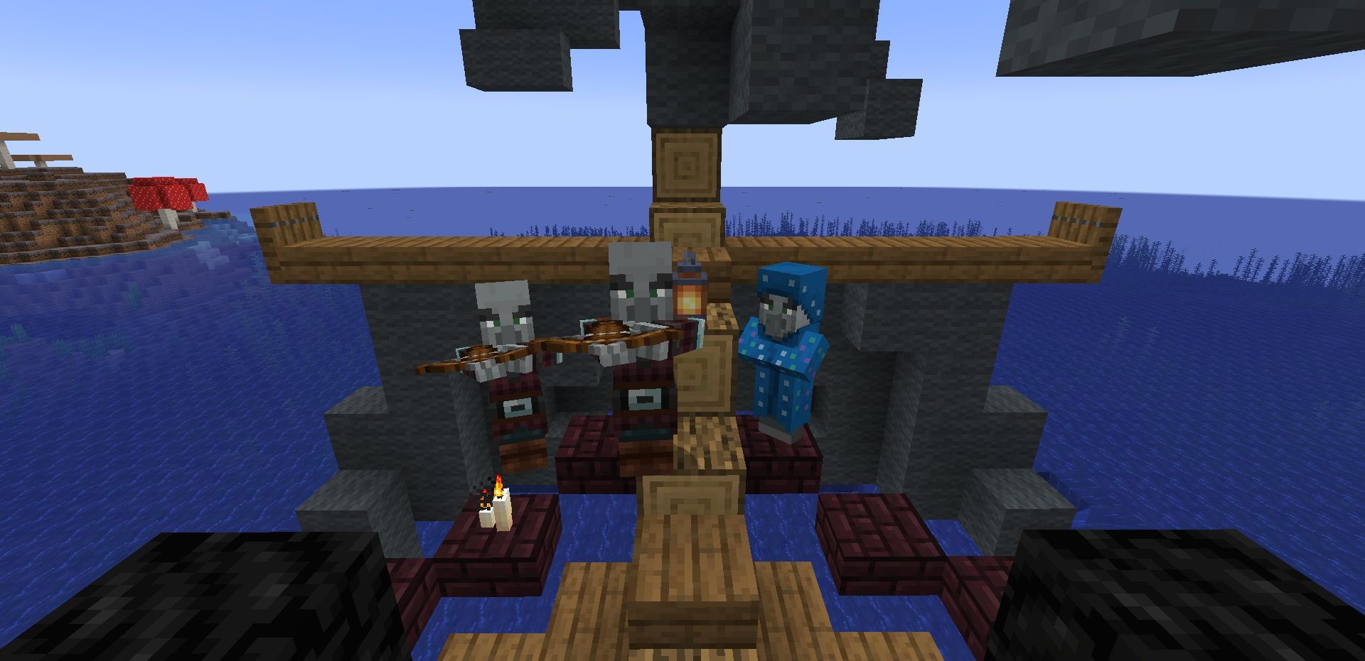 Битва с разбойниками на палубе корабля в Minecraft с модом Illager Warship