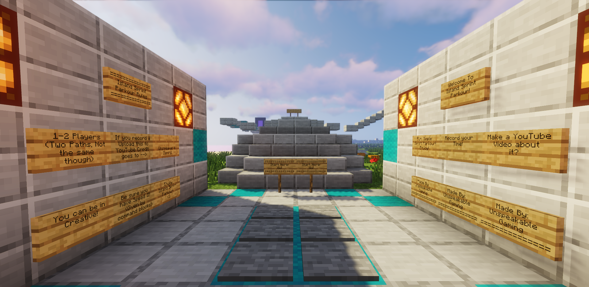 Игрок преодолевает паркур-испытание на карте Island Sprint в Minecraft