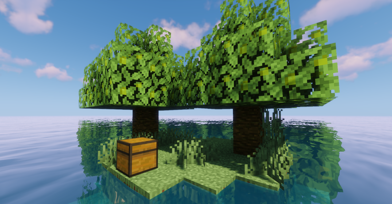 Игрок строит дом на маленьком острове в Minecraft