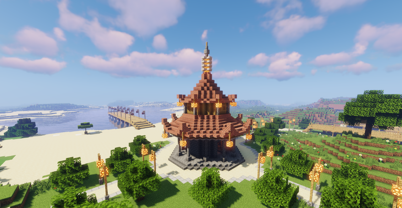 Японский рынок в Minecraft с красными фонарями и деревянными прилавками